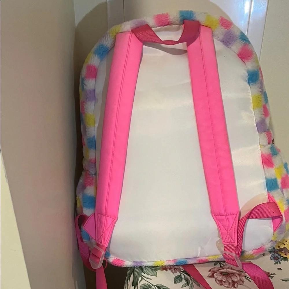 Claire's Fuzzy Multicolor Checkered Backpack - Picture 4 of 6
